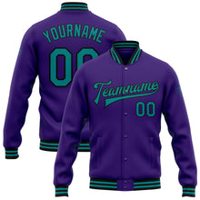 Load image into Gallery viewer, Custom Purple Teal-Black Bomber Full-Snap Varsity Letterman Jacket
