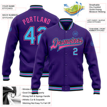Load image into Gallery viewer, Custom Purple Sky Blue Black-Pink Bomber Full-Snap Varsity Letterman Jacket
