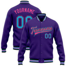 Load image into Gallery viewer, Custom Purple Sky Blue Black-Pink Bomber Full-Snap Varsity Letterman Jacket
