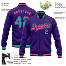 Load image into Gallery viewer, Custom Purple Aqua Black-Pink Bomber Full-Snap Varsity Letterman Jacket
