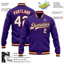 Load image into Gallery viewer, Custom Purple White Black-Orange Bomber Full-Snap Varsity Letterman Jacket
