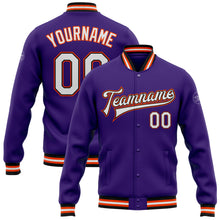 Load image into Gallery viewer, Custom Purple White Black-Orange Bomber Full-Snap Varsity Letterman Jacket
