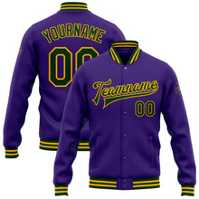 Load image into Gallery viewer, Custom Purple Green-Gold Bomber Full-Snap Varsity Letterman Jacket
