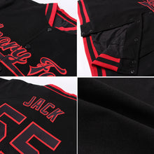 Load image into Gallery viewer, Custom Black Red Pinstripe Cream Bomber Full-Snap Varsity Letterman Jacket
