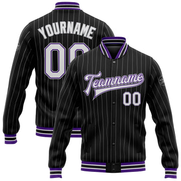 Custom Black Gray Pinstripe White-Purple Bomber Full-Snap Varsity Letterman Jacket