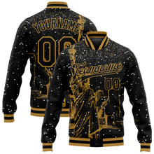 Load image into Gallery viewer, Custom Black Old Gold New York Statue of Liberty 3D Pattern Design Bomber Full-Snap Varsity Letterman Jacket
