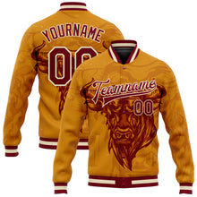 Load image into Gallery viewer, Custom Gold Maroon-Cream Angry Bull 3D Pattern Design Bomber Full-Snap Varsity Letterman Jacket
