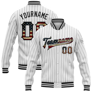 Custom White Black Pinstripe Vintage USA Flag Bomber Full-Snap Varsity Letterman Jacket