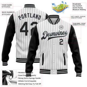 Custom White Black Pinstripe Gray Bomber Full-Snap Varsity Letterman Two Tone Jacket