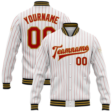 Custom White Red Pinstripe Old Gold-Black Bomber Full-Snap Varsity Letterman Jacket