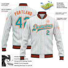 Load image into Gallery viewer, Custom White Teal Pinstripe Orange-Black Bomber Full-Snap Varsity Letterman Jacket
