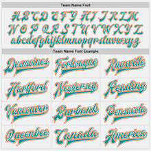 Load image into Gallery viewer, Custom White Teal Pinstripe Orange-Black Bomber Full-Snap Varsity Letterman Jacket
