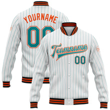 Load image into Gallery viewer, Custom White Teal Pinstripe Orange-Black Bomber Full-Snap Varsity Letterman Jacket
