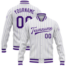 Load image into Gallery viewer, Custom White Purple Pinstripe Purple Bomber Full-Snap Varsity Letterman Jacket
