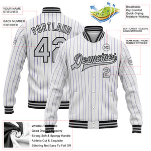 Custom White Purple Pinstripe Gray-Black Bomber Full-Snap Varsity Letterman Jacket