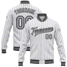 Load image into Gallery viewer, Custom White Purple Pinstripe Gray-Black Bomber Full-Snap Varsity Letterman Jacket
