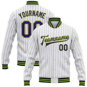 Custom White Purple Pinstripe Neon Green-Black Bomber Full-Snap Varsity Letterman Jacket