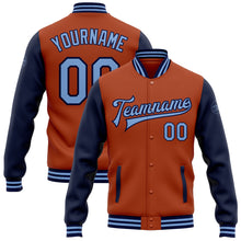 Load image into Gallery viewer, Custom Texas Orange Light Blue-Navy Bomber Full-Snap Varsity Letterman Two Tone Jacket
