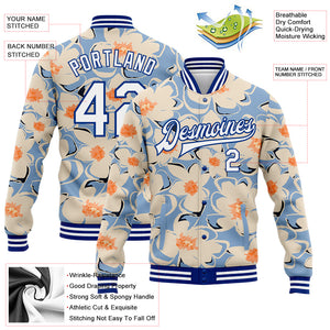 Custom Graffiti Pattern White-Royal Flower Pastoral Style 3D Bomber Full-Snap Varsity Letterman Jacket