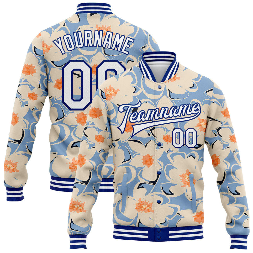 Custom Graffiti Pattern White-Royal Flower Pastoral Style 3D Bomber Full-Snap Varsity Letterman Jacket