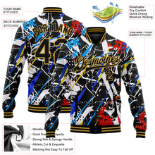 Load image into Gallery viewer, Custom Graffiti Pattern Black-Old Gold Grunge Art 3D Bomber Full-Snap Varsity Letterman Jacket
