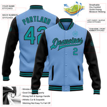 Load image into Gallery viewer, Custom Light Blue Teal-Black Bomber Full-Snap Varsity Letterman Two Tone Jacket
