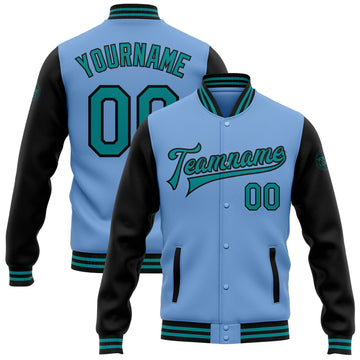 Custom Light Blue Teal-Black Bomber Full-Snap Varsity Letterman Two Tone Jacket