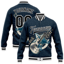 Load image into Gallery viewer, Custom Navy Black-White Guitar Rock Star Music Festival 3D Pattern Design Bomber Full-Snap Varsity Letterman Jacket
