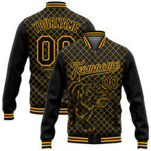 Load image into Gallery viewer, Custom Black Gold Check And Tiger 3D Pattern Design Bomber Full-Snap Varsity Letterman Jacket
