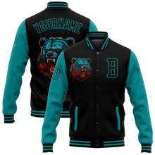 Load image into Gallery viewer, Custom Black Teal 3D Pattern Design Bomber Full-Snap Varsity Letterman Jacket
