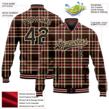 Load image into Gallery viewer, Custom Brown Black Vegas Gold City Cream-Crimson Classic Western Plaid 3D Pattern Design Bomber Full-Snap Varsity Letterman Jacket
