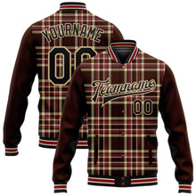 Load image into Gallery viewer, Custom Brown Black Vegas Gold City Cream-Crimson Classic Western Plaid 3D Pattern Design Bomber Full-Snap Varsity Letterman Jacket
