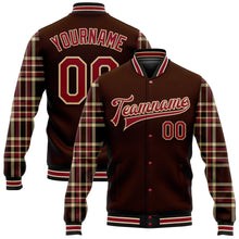 Load image into Gallery viewer, Custom Brown Crimson Vegas Gold Black-City Cream Classic Western Plaid 3D Pattern Design Bomber Full-Snap Varsity Letterman Jacket

