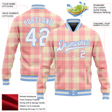 Load image into Gallery viewer, Custom Medium Pink White-Light Blue Classic Western Plaid 3D Pattern Design Bomber Full-Snap Varsity Letterman Jacket
