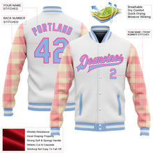 Load image into Gallery viewer, Custom White Light Blue Pink-Medium Pink Classic Western Plaid 3D Pattern Design Bomber Full-Snap Varsity Letterman Jacket
