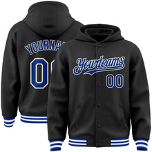 Load image into Gallery viewer, Custom Black Royal-White Bomber Full-Snap Varsity Letterman Hoodie Jacket
