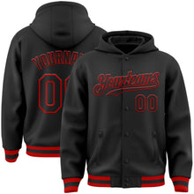 Load image into Gallery viewer, Custom Black Red Bomber Full-Snap Varsity Letterman Hoodie Jacket
