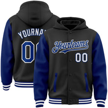 Load image into Gallery viewer, Custom Black Royal-White Bomber Full-Snap Varsity Letterman Two Tone Hoodie Jacket
