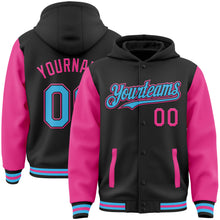 Load image into Gallery viewer, Custom Black Sky Blue-Pink Bomber Full-Snap Varsity Letterman Two Tone Hoodie Jacket
