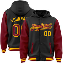 Load image into Gallery viewer, Custom Black Crimson-Gold Bomber Full-Snap Varsity Letterman Two Tone Hoodie Jacket
