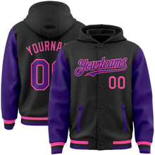 Load image into Gallery viewer, Custom Black Purple-Pink Bomber Full-Snap Varsity Letterman Two Tone Hoodie Jacket
