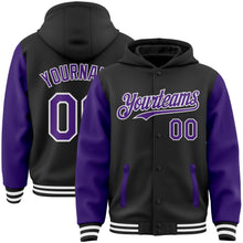 Load image into Gallery viewer, Custom Black Purple-White Bomber Full-Snap Varsity Letterman Two Tone Hoodie Jacket

