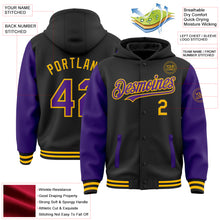 Load image into Gallery viewer, Custom Black Purple-Gold Bomber Full-Snap Varsity Letterman Two Tone Hoodie Jacket
