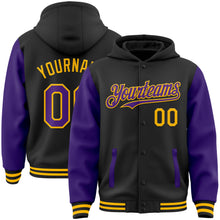 Load image into Gallery viewer, Custom Black Purple-Gold Bomber Full-Snap Varsity Letterman Two Tone Hoodie Jacket
