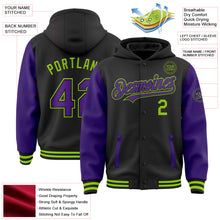 Load image into Gallery viewer, Custom Black Purple-Neon Green Bomber Full-Snap Varsity Letterman Two Tone Hoodie Jacket
