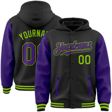 Load image into Gallery viewer, Custom Black Purple-Neon Green Bomber Full-Snap Varsity Letterman Two Tone Hoodie Jacket

