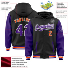 Load image into Gallery viewer, Custom Black Purple-Orange Bomber Full-Snap Varsity Letterman Two Tone Hoodie Jacket
