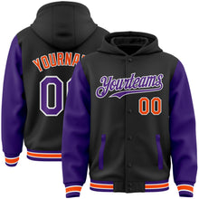 Load image into Gallery viewer, Custom Black Purple-Orange Bomber Full-Snap Varsity Letterman Two Tone Hoodie Jacket

