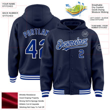 Load image into Gallery viewer, Custom Navy Royal-White Bomber Full-Snap Varsity Letterman Hoodie Jacket
