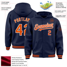 Load image into Gallery viewer, Custom Navy Orange-White Bomber Full-Snap Varsity Letterman Hoodie Jacket

